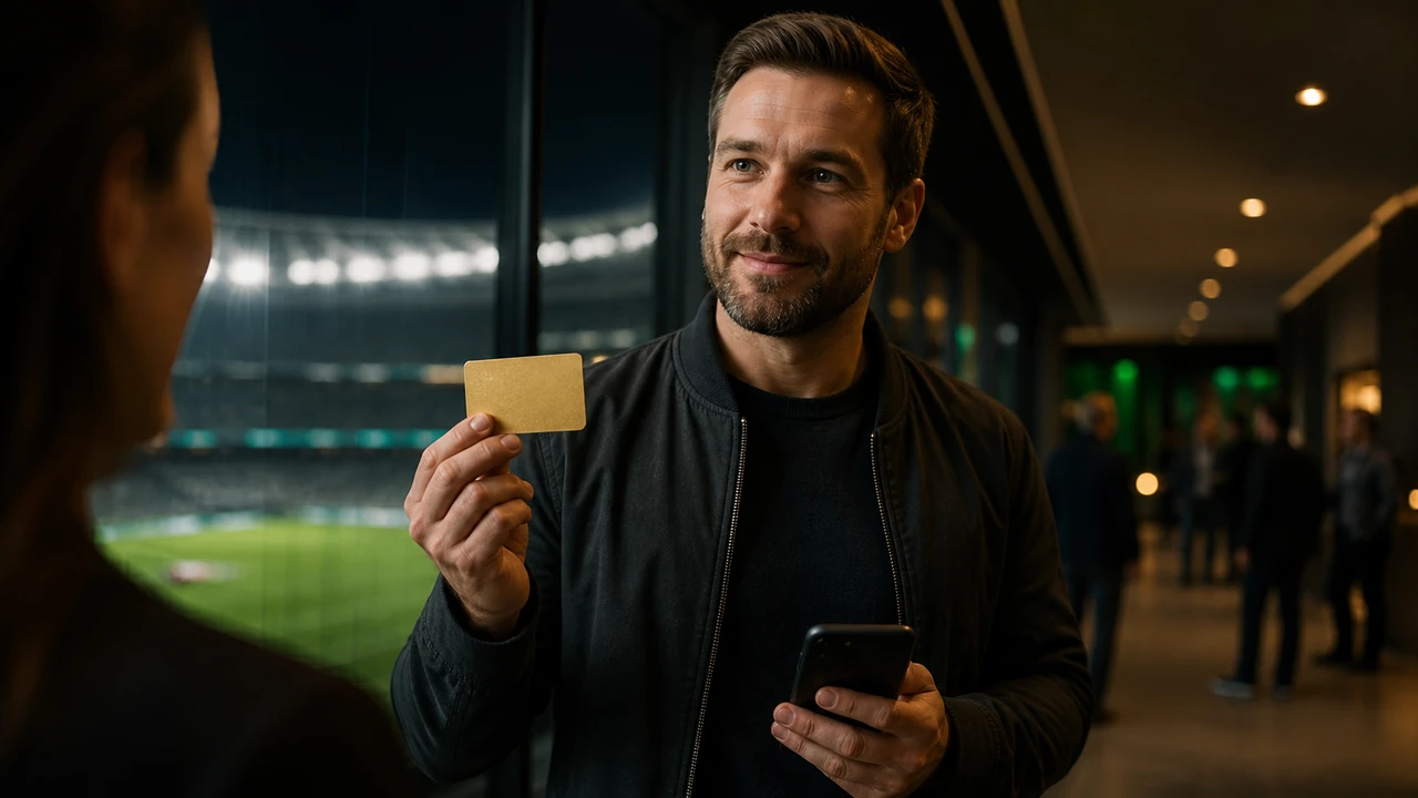 Tifoso brasiliano segue BetLabel sul cellulare su un campo di calcio